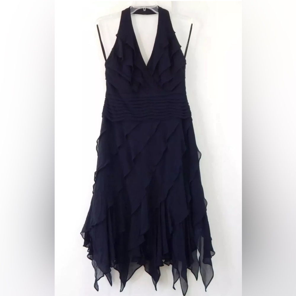 TADASHI SHOJI dress cocktail 100% silk halter ruffle black 10 Vintage 90s Tiered